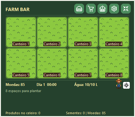 Início da partida no Farm Bar: oito canteiros de grama